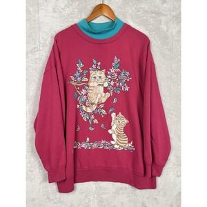 Vintage 90s Streetwear Womens Medium Magenta Cat Kitten Crewneck Sweatshirt 2X